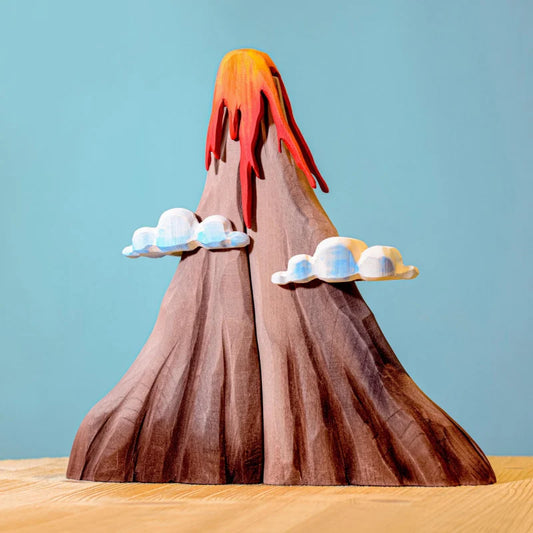 wooden volcano, lava and clouds